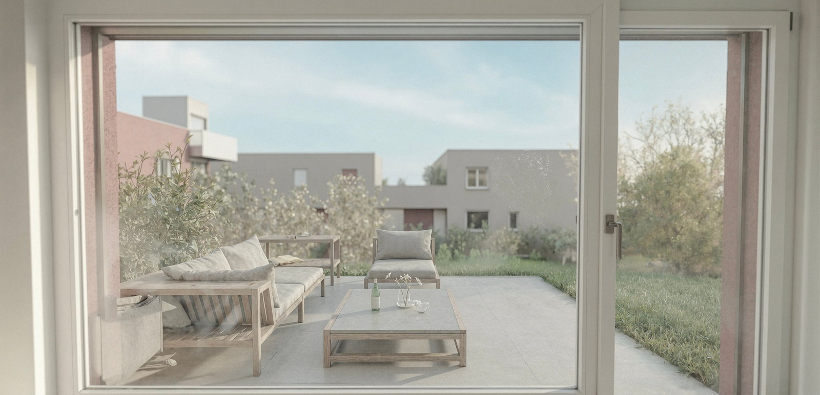 Visualisierung mit Terrassenblick der Überbauung Hang 6 in Turgi