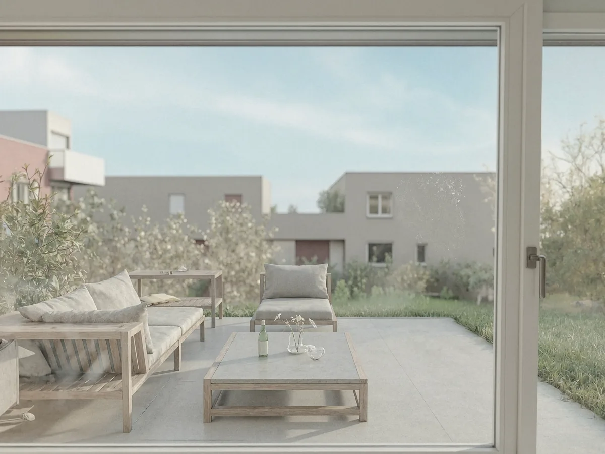 Visualisierung mit Terrassenblick der Überbauung Hang 6 in Turgi
