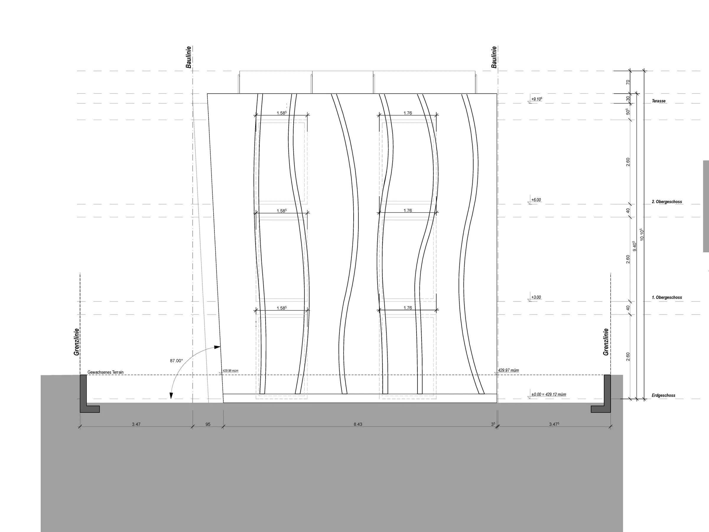 Werkplan einer Fassade mit Ansicht und Schnitt aus der Ausführungsplanung
